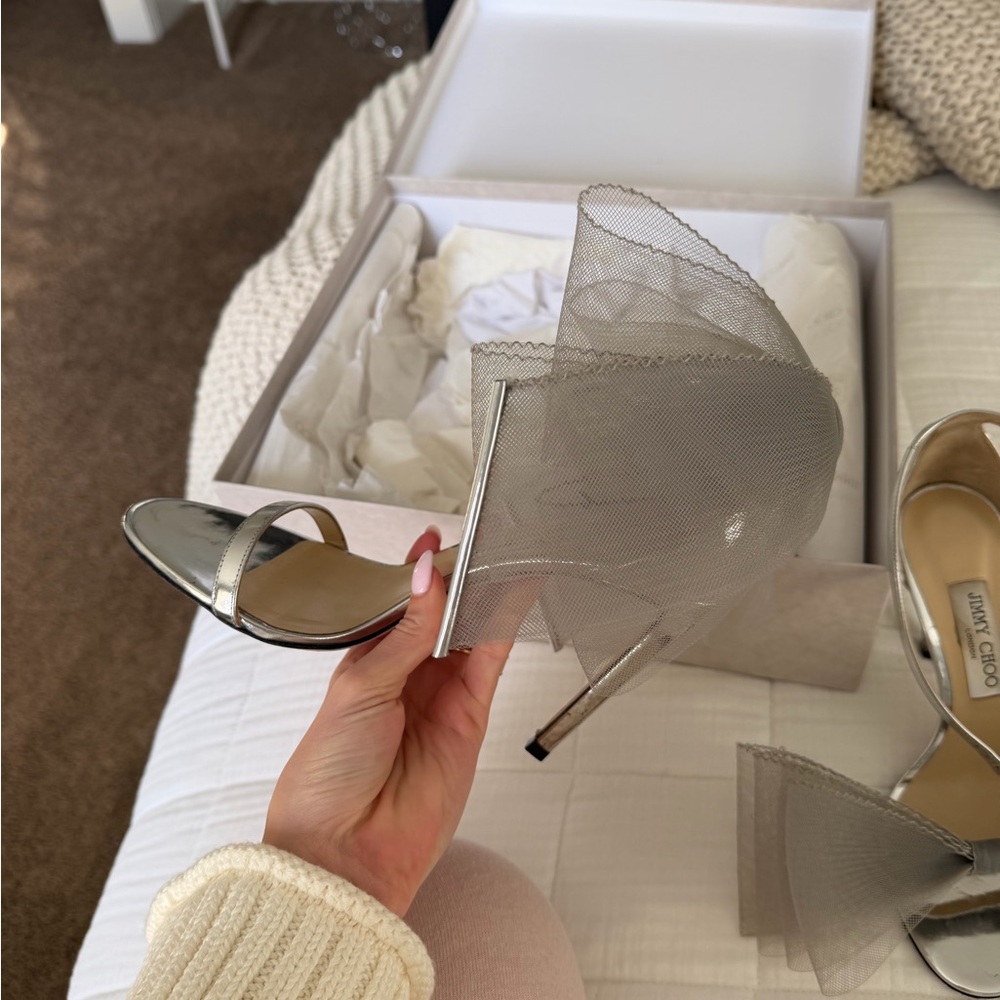 Jimmy Choo Silver Metallic Mesh Bow Slingback Heels - Picture 6 of 9